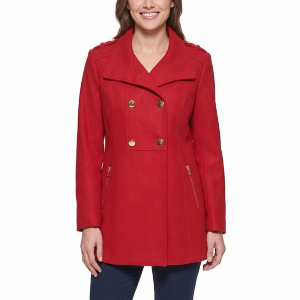 Guess Los Angeles Red Wool Blend Double Breasted‎ Peacoat Womens XL Gold Buttons